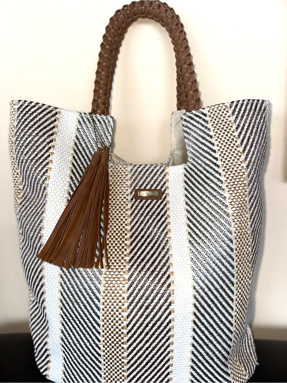 Sun N Sand Woven Stripe Resort Tote | Braided Handles & Tassel | Beach Shopper